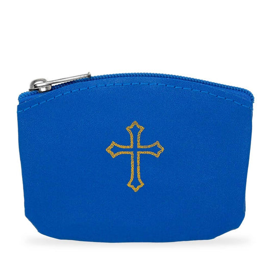 Blue  Rosary Pouch with Zipper and Gold Cross Imprint