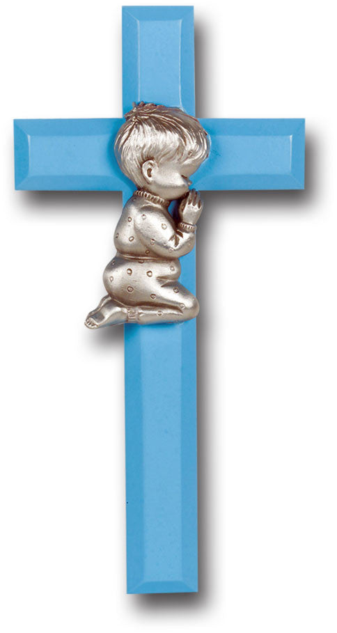 Blue Wood Cross with Praying Boy 7"