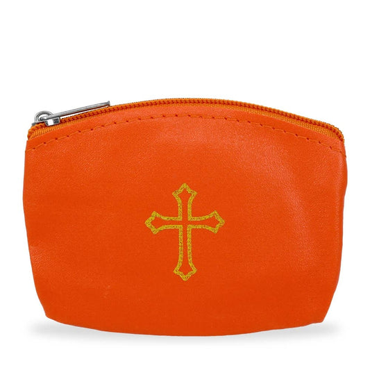 Orange  Rosary Pouch with Zipper and Gold Cross Imprint