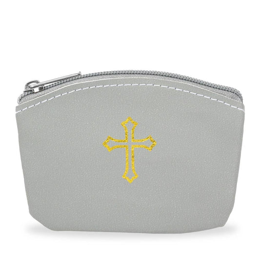 Gray  Rosary Case with Zipper and Gold Cross Imprint