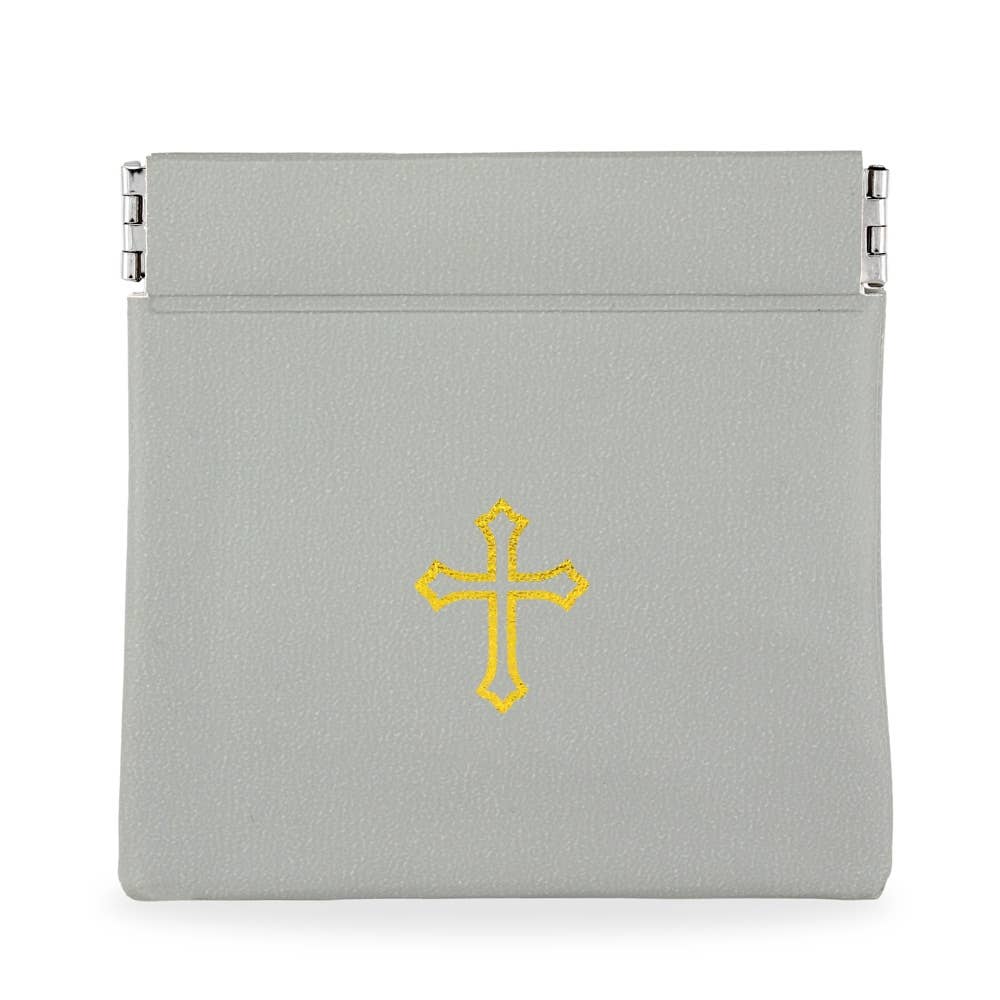 Gray Vinyl Rosary Pouch Squeeze Top Gold Cross Imprint