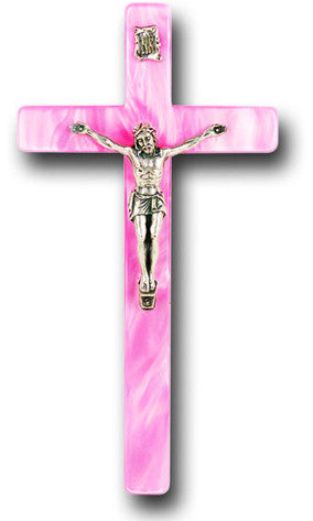 Pearlized Pink Crucifix with Silver Corpus 7"