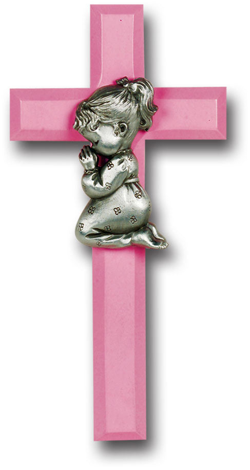 Pink Wood Cross with Praying Girl 7"
