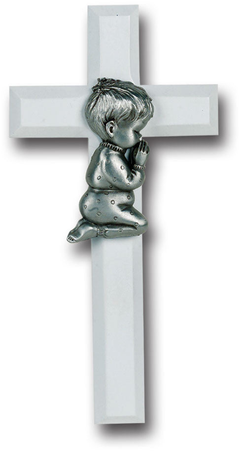 White Wood Cross with Praying Boy 7"