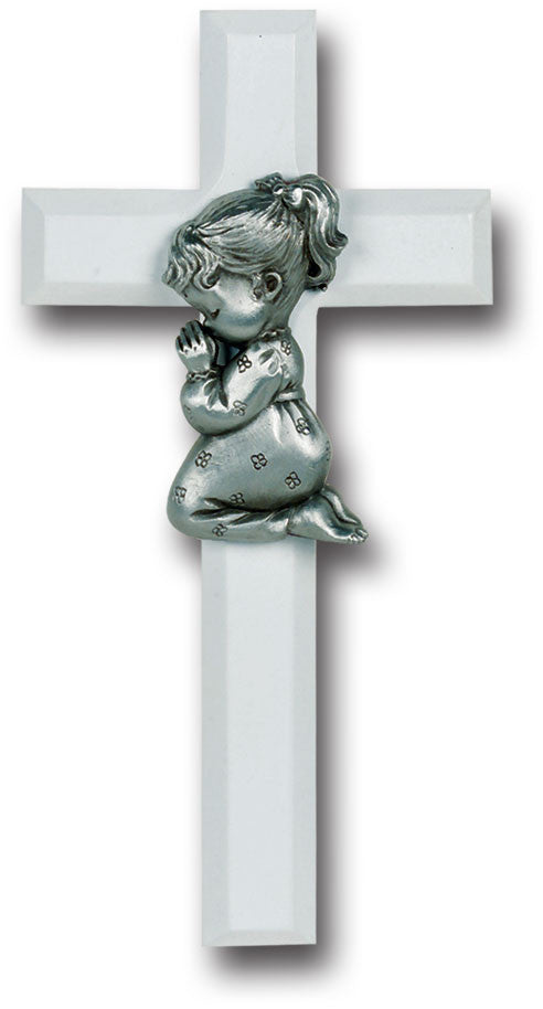 White Wood Cross with Praying Girl 7"